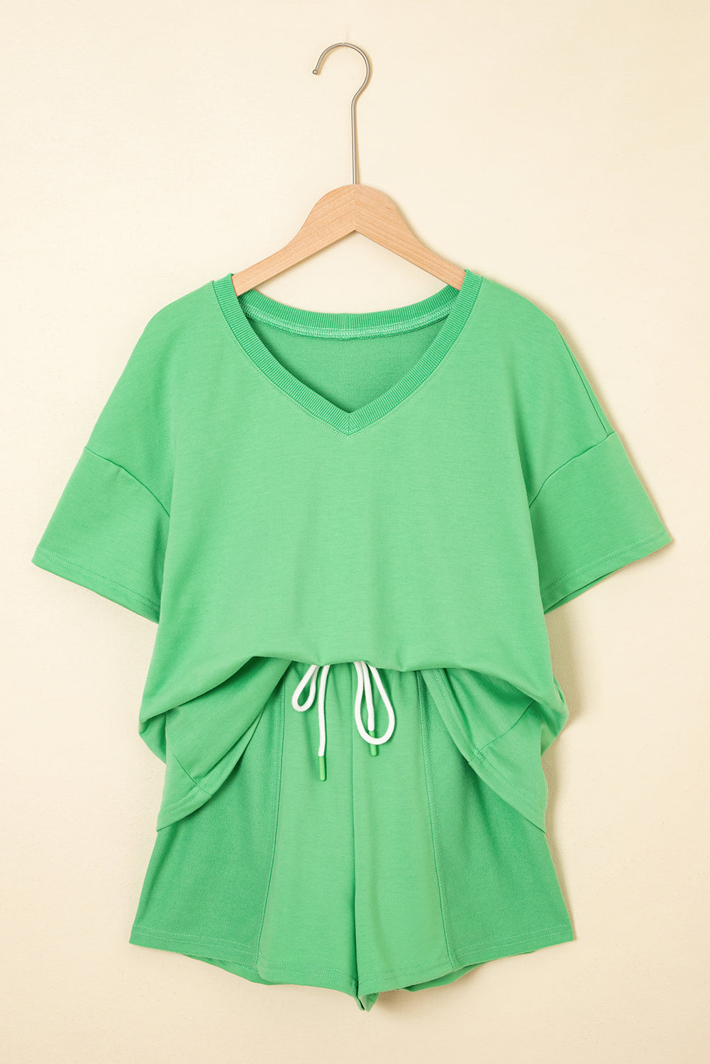 V-Neck Drop Shoulder Tee & Patchwork Drawstring Shorts Set