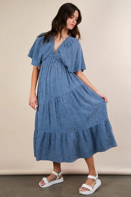 VERY J Mineral Washed Elastic Neck Detail Midi Dress Denim