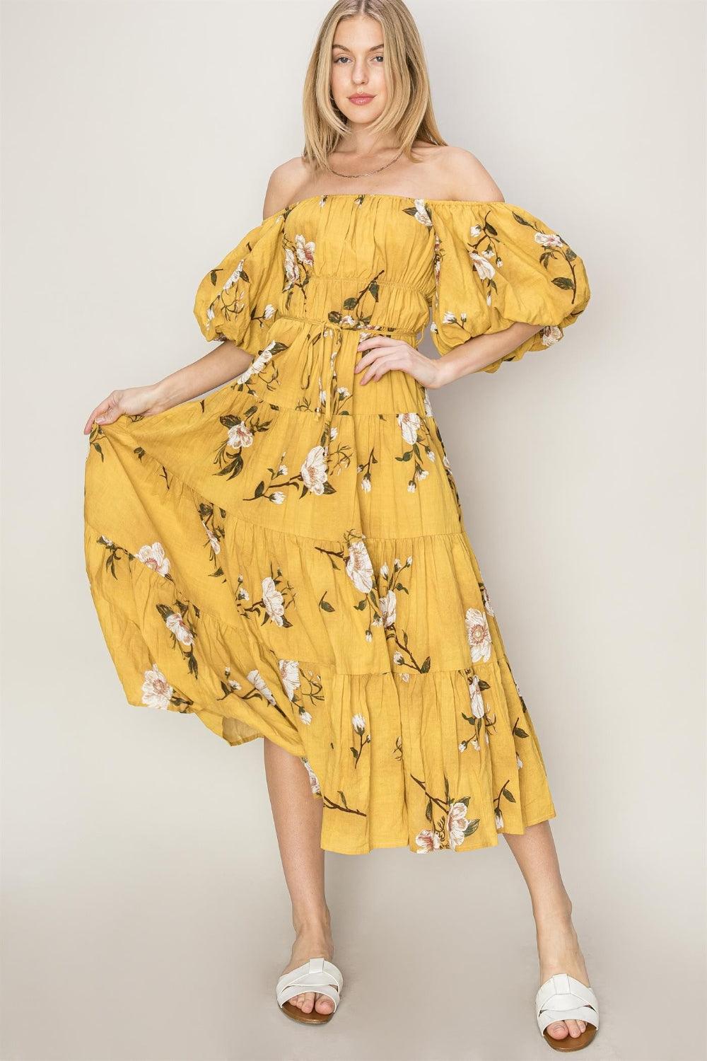 HYFVE Floral Puff Sleeve Tiered Dress MUSTARD