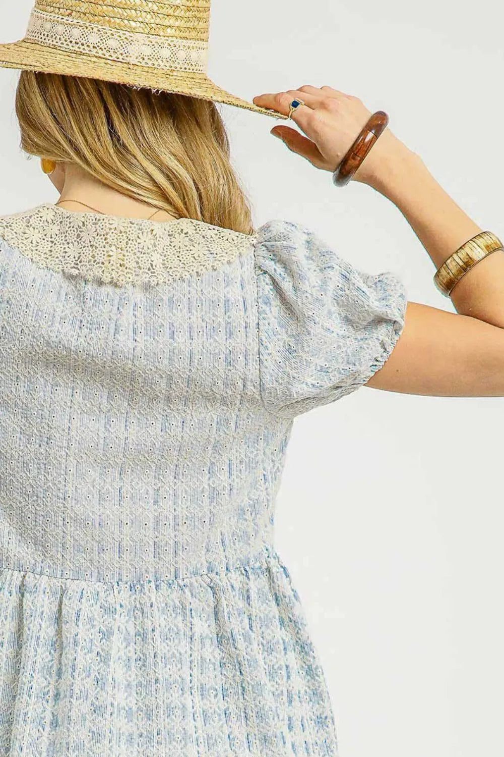 Umgee Lace Detail Short Puff Sleeve Mini Dress