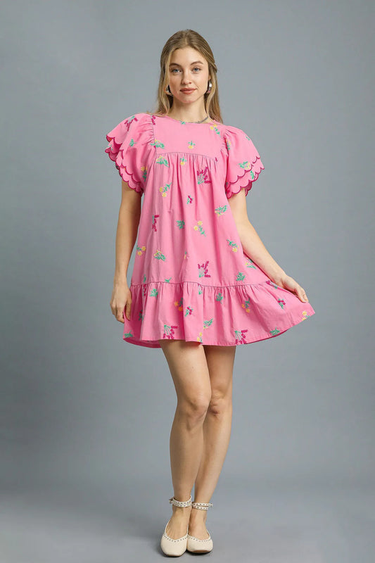 Umgee Floral Embroidered Short Sleeve Mini Dress Pink