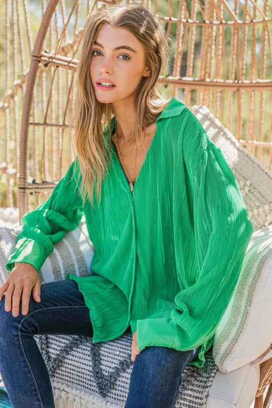 And The Why V Neck Pleated Long Sleeves Shirt