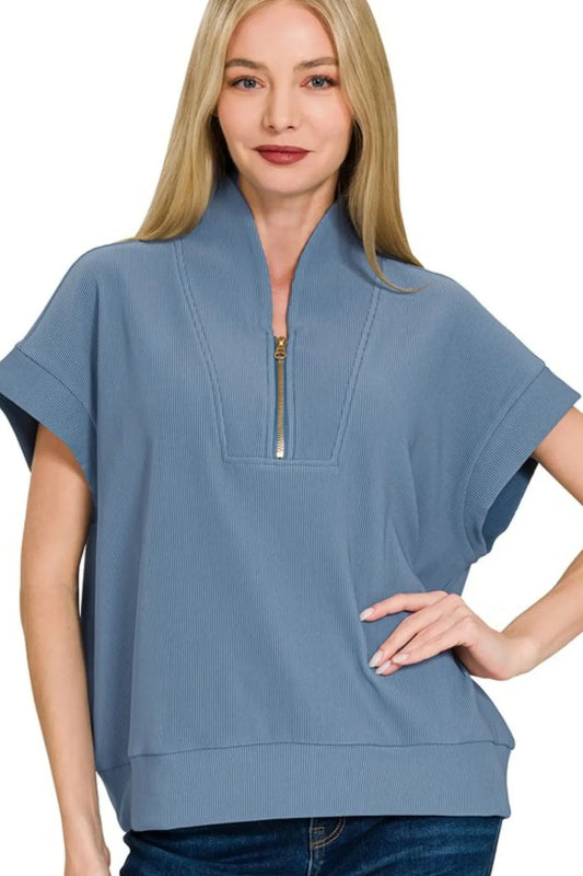 Zenana Ribbed High Neck Half Zip Top DUSTY BLUE