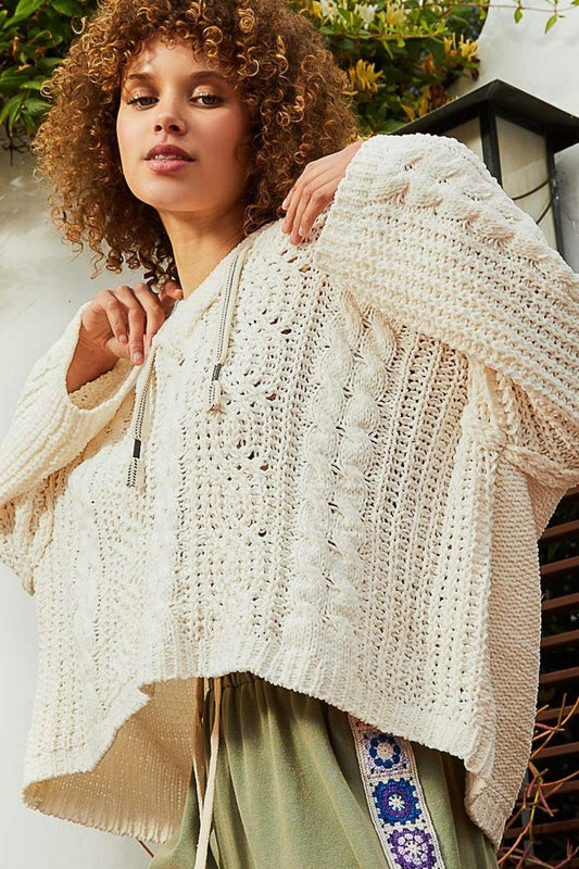 POL Cable Knit Hooded Chenille Sweater Cream