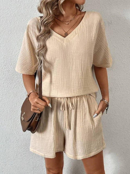 V-Neck Half Sleeve Top and Shorts Set Sand