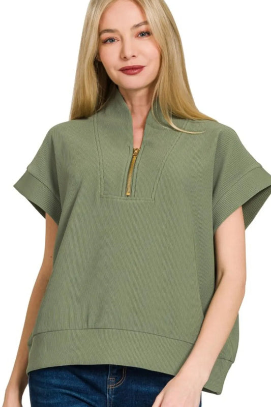 Zenana Ribbed High Neck Half Zip Top LT OLIVE