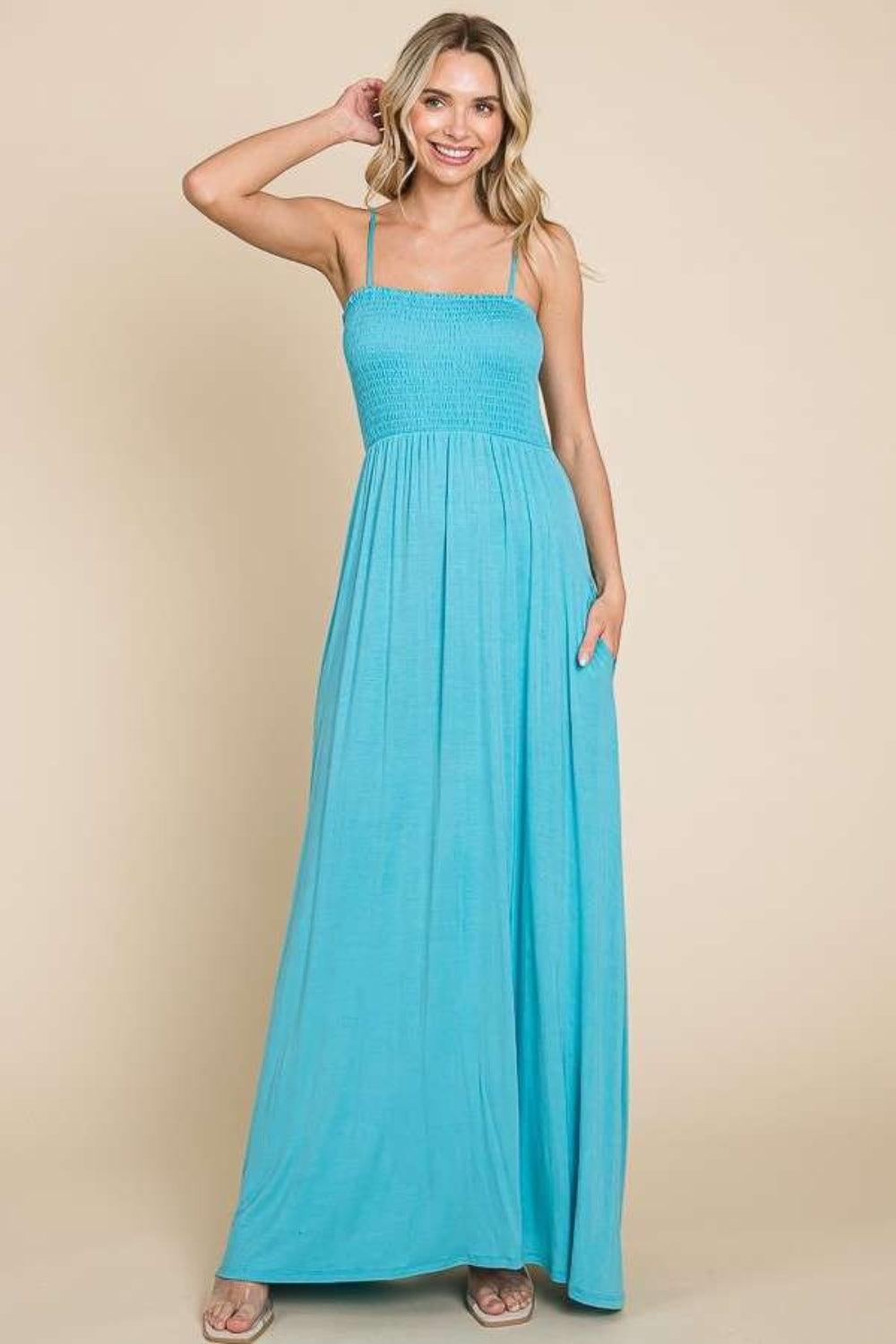 Culture Code Full Size Smocked Cami Maxi Dress with Pockets Pastel Teal