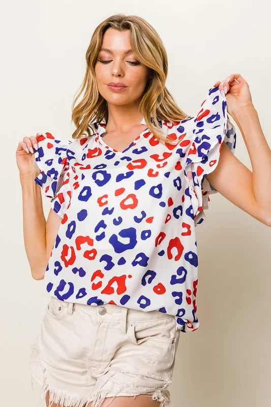 BiBi Leopard Notched Ruffled Cap Sleeve Blouse OFFWHT RED NAVY