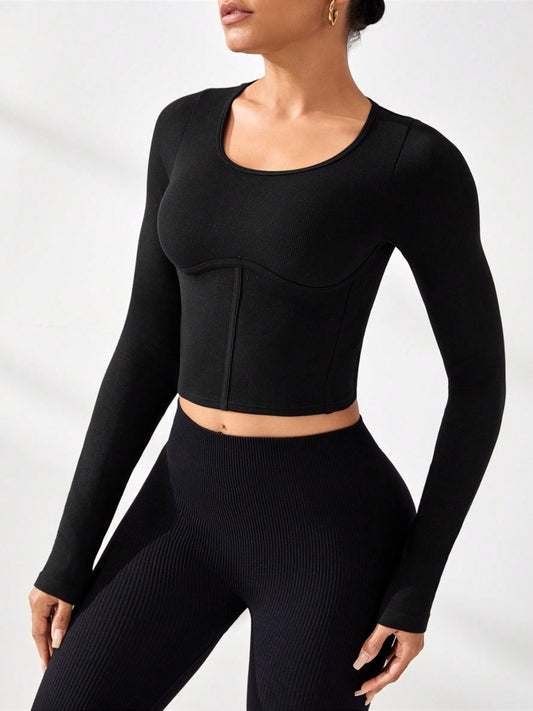 Round Neck Long Sleeve Active T-Shirt Black