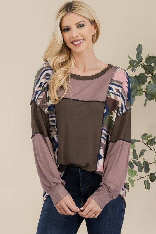 Celeste Full Size Exposed Seam Printed Color Block T-Shirt DK Olive