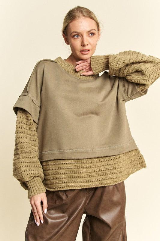 Davi & Dani Faux Layered Round Neck Sweater Olive