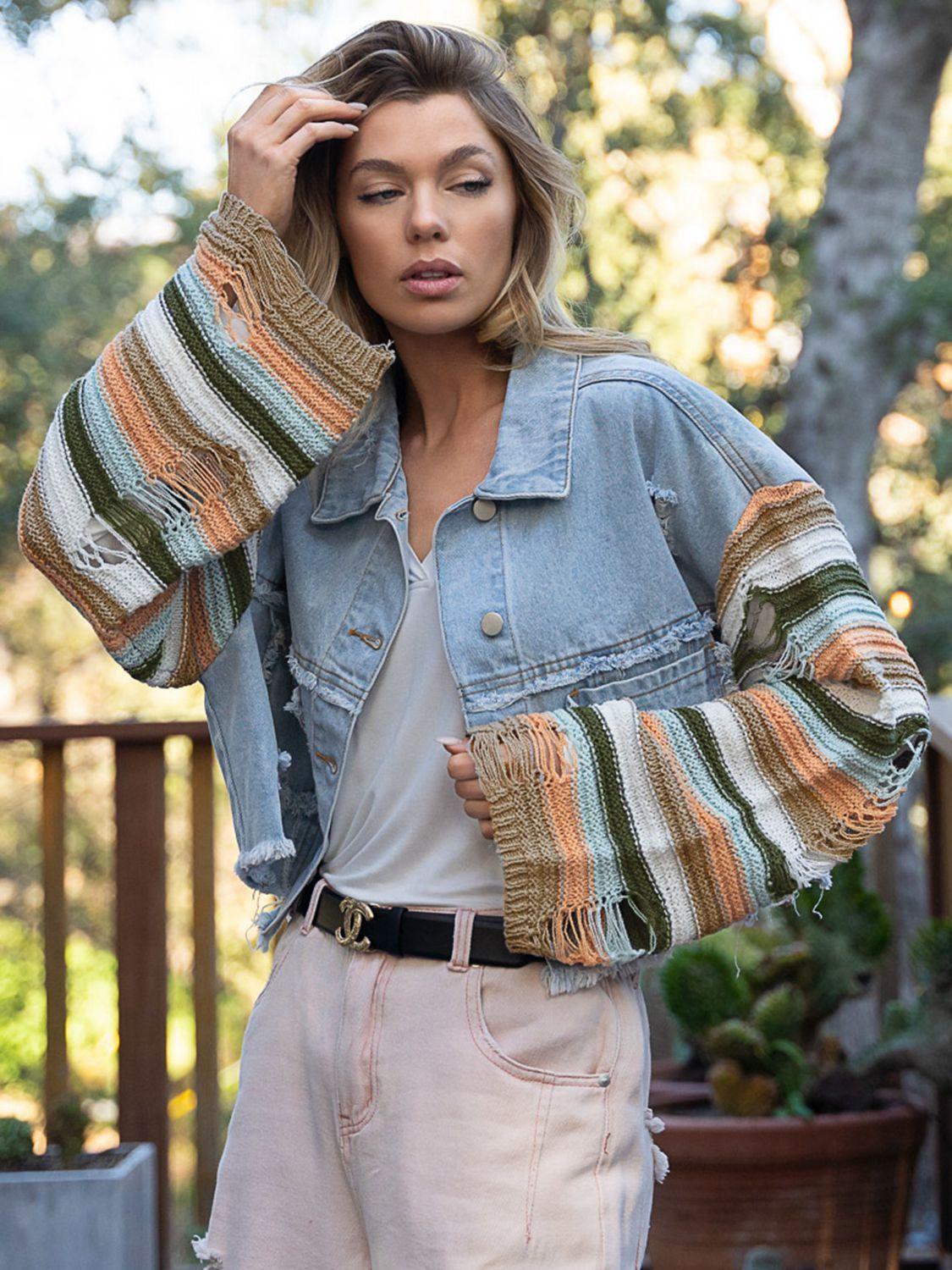 Distressed Striped Long Sleeve Denim Jacket Light