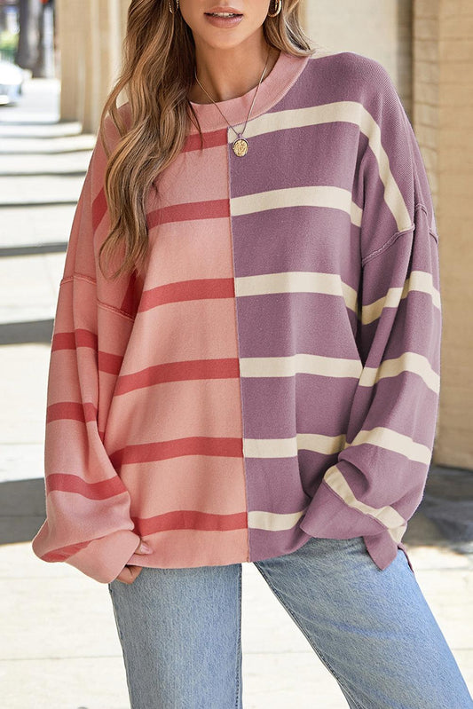 Striped Round Neck Long Sleeve Knit Top Dusty Pink