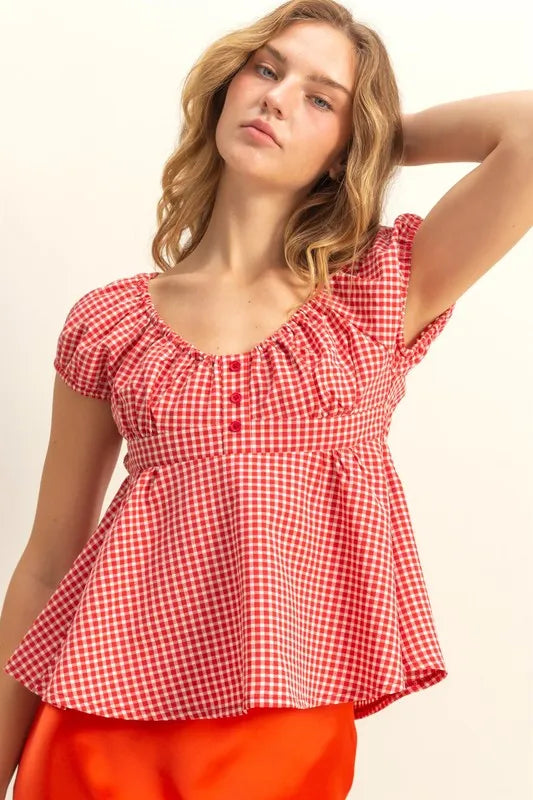 HYFVE Gingham Scoop Neck Cap Sleeve Blouse RED