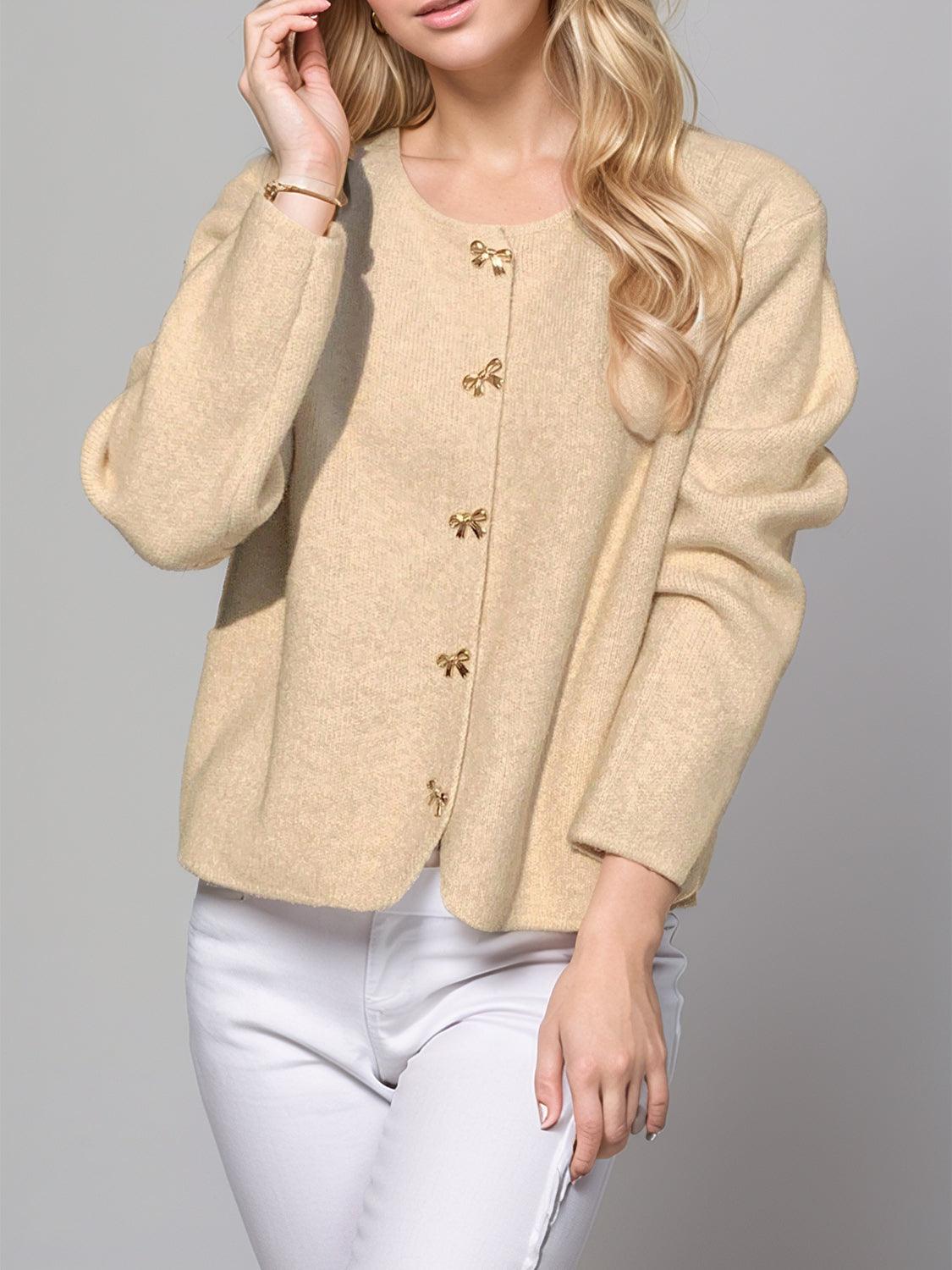 Bow Button Down Round Neck Long Sleeve Cardigan Tan One Size