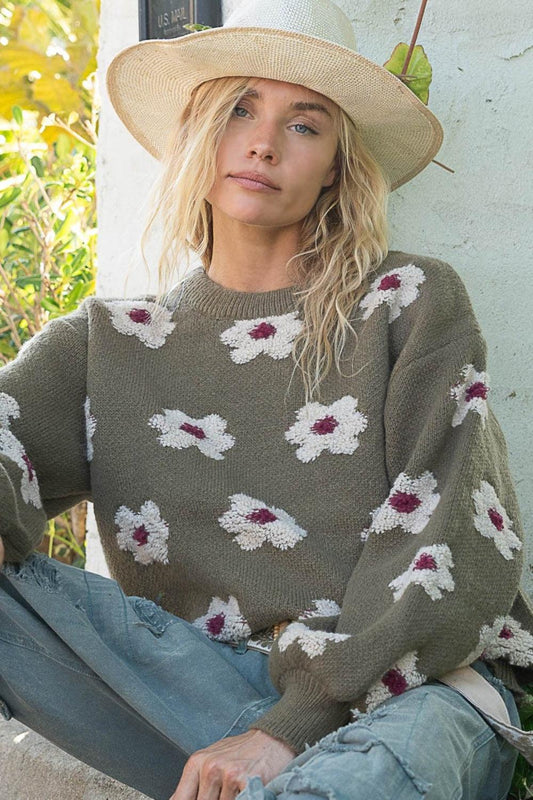POL Daisy Pattern Drop Shoulder Sweater Olive