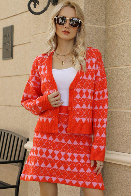 Geometric Dropped Shoulder Cardigan and Knit Skirt Set Orange