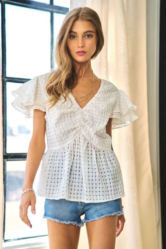 Davi & Dani Shirring V-Neck Ruffle Gingham Plaid Printed Top White