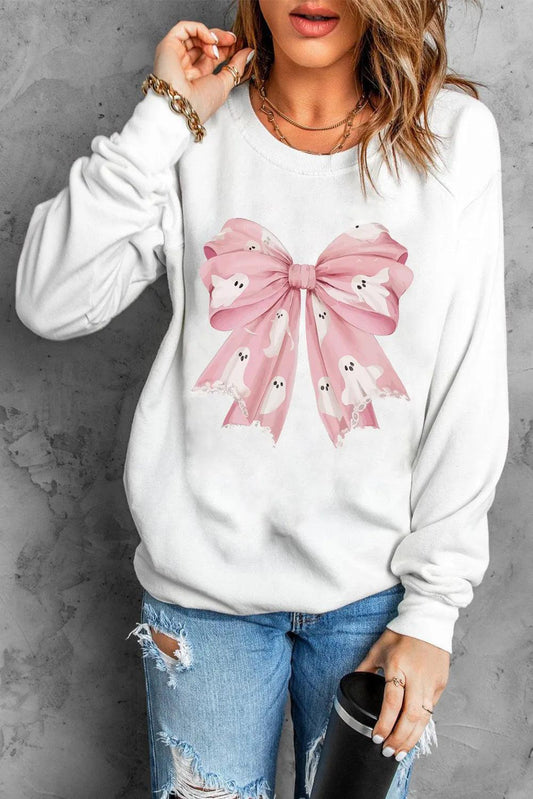 Bow Round Neck Long Sleeve Sweatshirt White