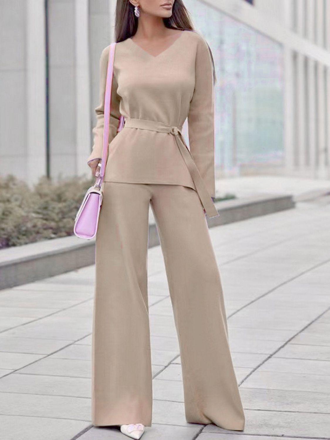 V-Neck Long Sleeve Top and Drawstring Pants Sweater Set Tan One Size