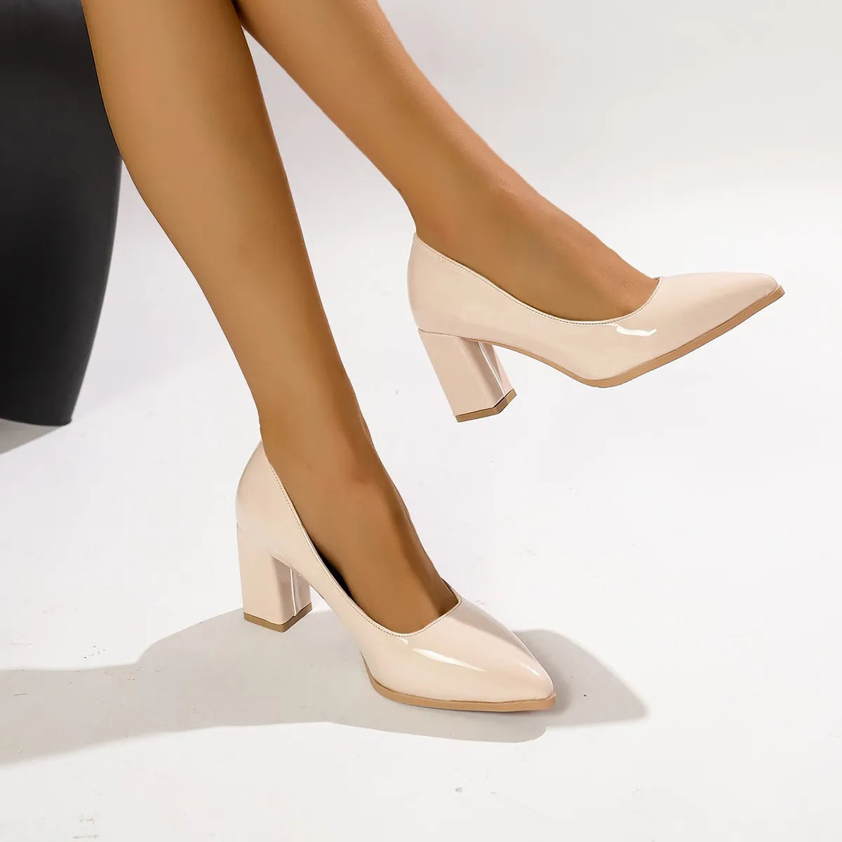 Point Toe Block Heels Pumps Apricot