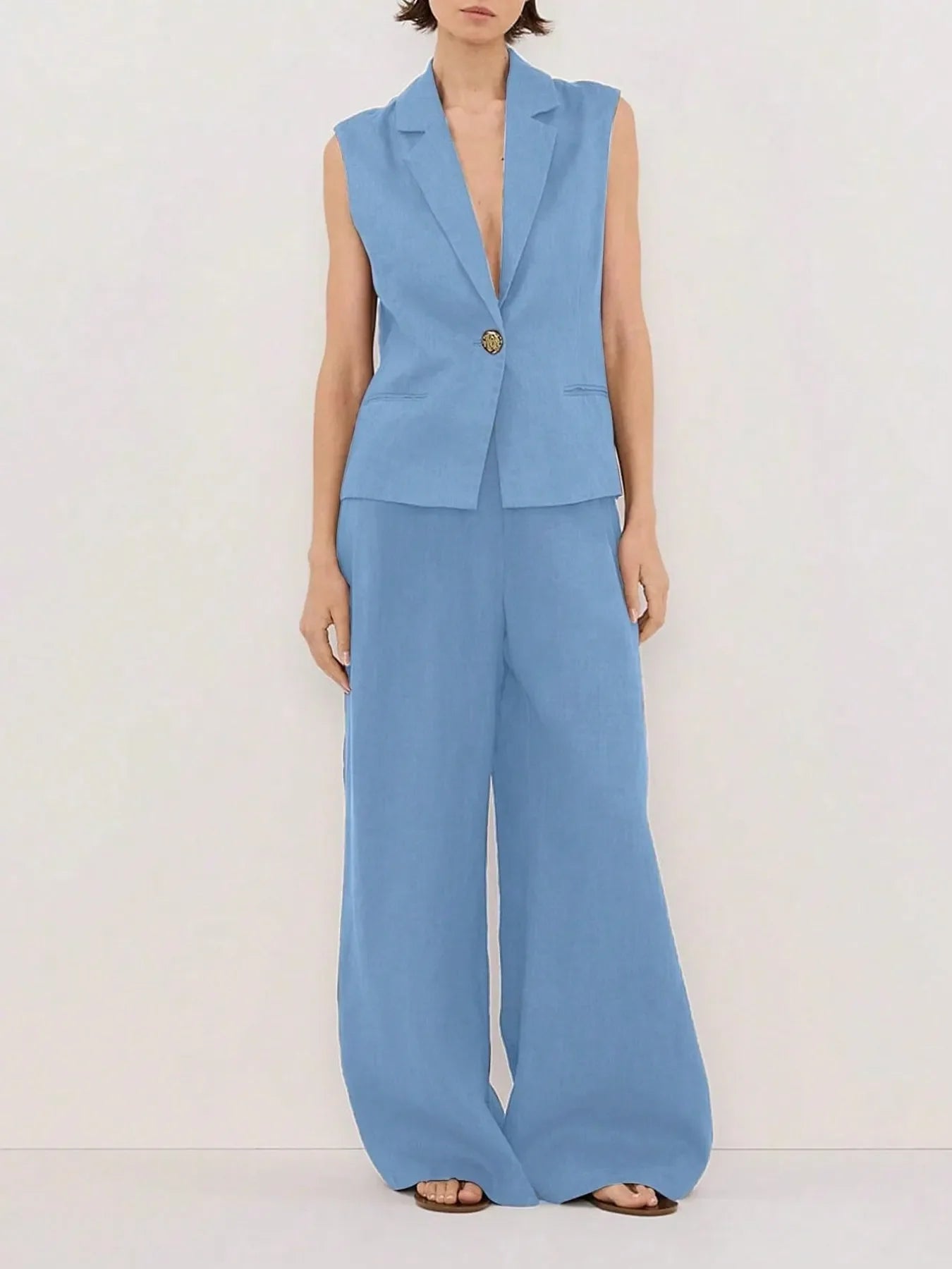 One Button Sleeveless Top and Pants Set