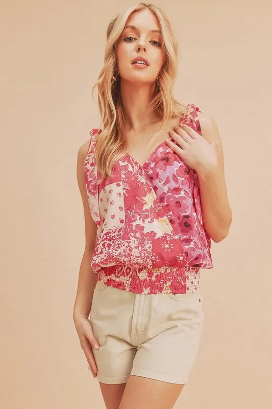 Aemi + Co Smocked Hem Printed Surplice Tank Deep Rose