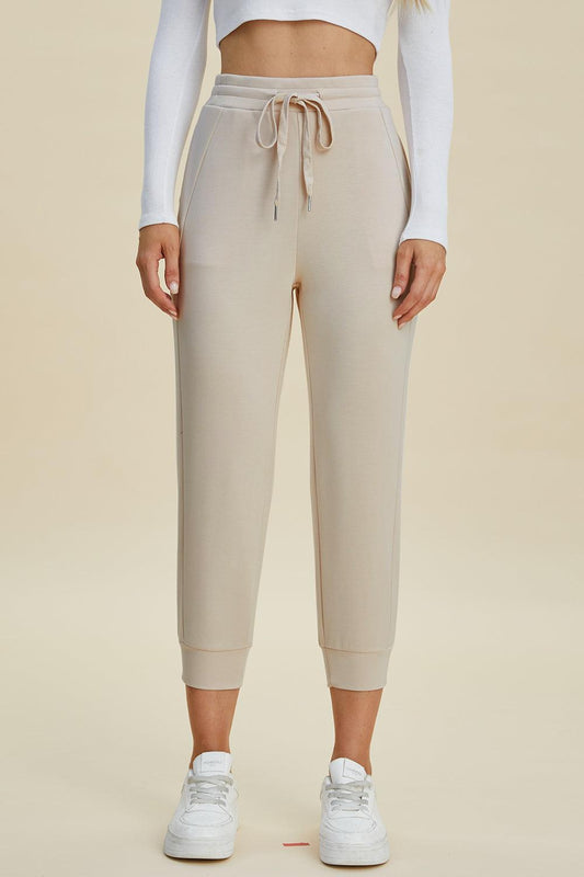 Basic Bae Full Size Air Scuba Drawstring High Waist Cropped Pants Beige