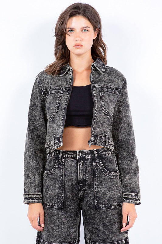 American Bazi Overdyed Bleached Zip Up Cropped Jacket Grey