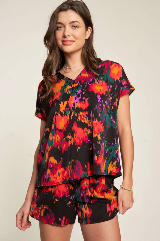 Davi & Dani Printed V Neck Short Sleeve Top and Shorts Set BLACK