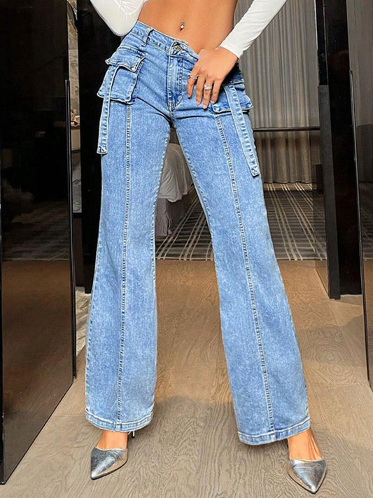 Mid Rise Straight Jeans with Cargo Pockets Light