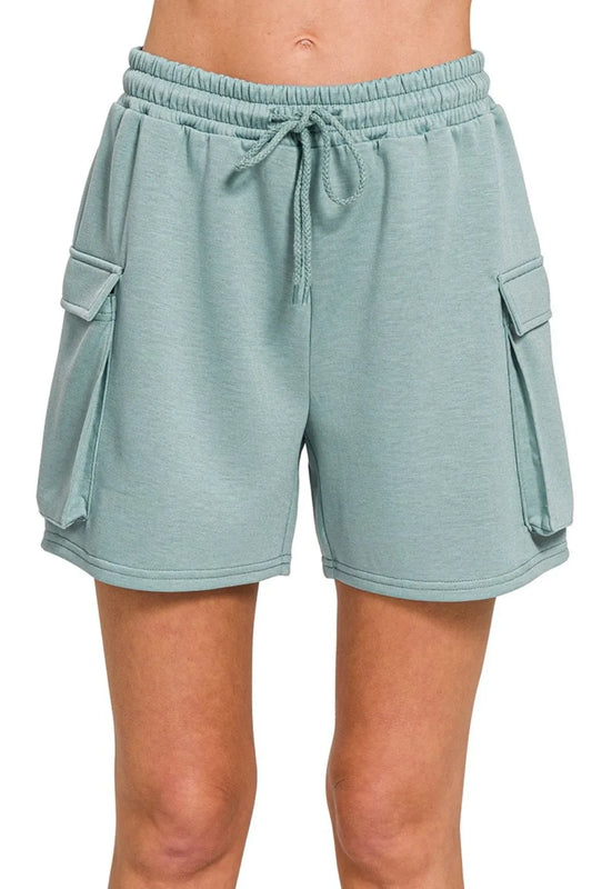 Zenana Scuba Thigh Pocket Shorts BLUE GREY