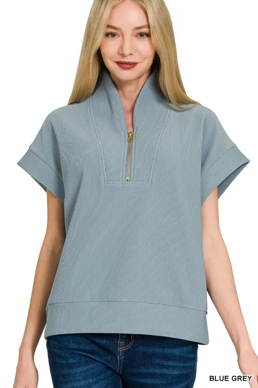 Zenana Ribbed High Neck Half Zip Top BLUE GREY