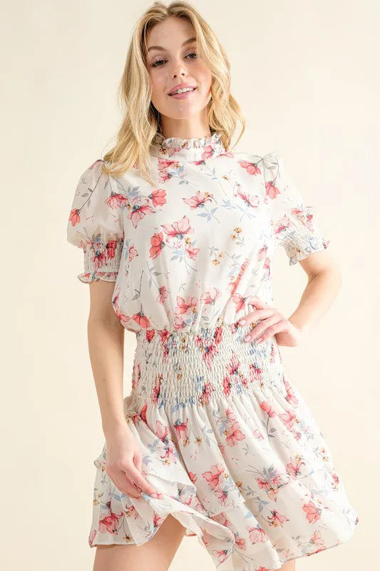And The Why Floral Print Smocked Waist Mini Dress Ivory