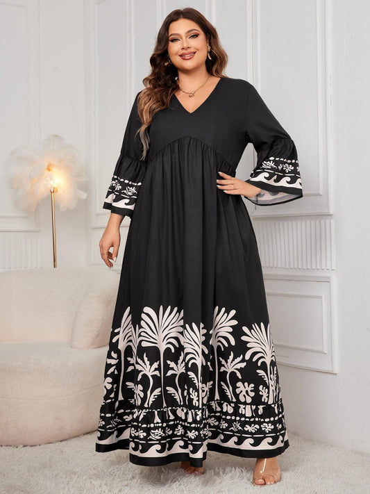 Plus Size Printed V-Neck Long Sleeve Maxi Dress Black