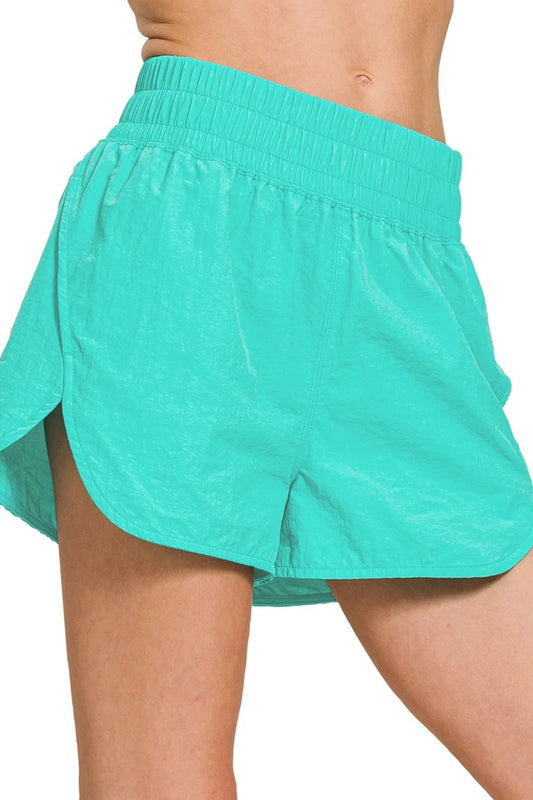 Zenana Windbreaker Smocked Waistband Running Shorts TURQUOISE