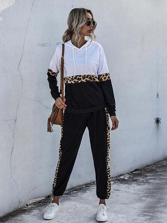Perfee Contrast Long Sleeve Hooded Top and Joggers Set White