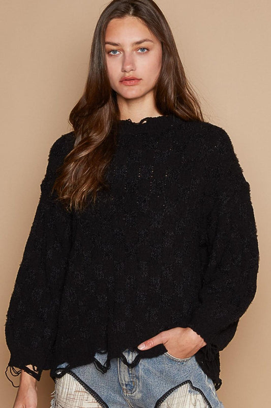 POL Cable Knit Cutout Long Sleeve Sweater Black