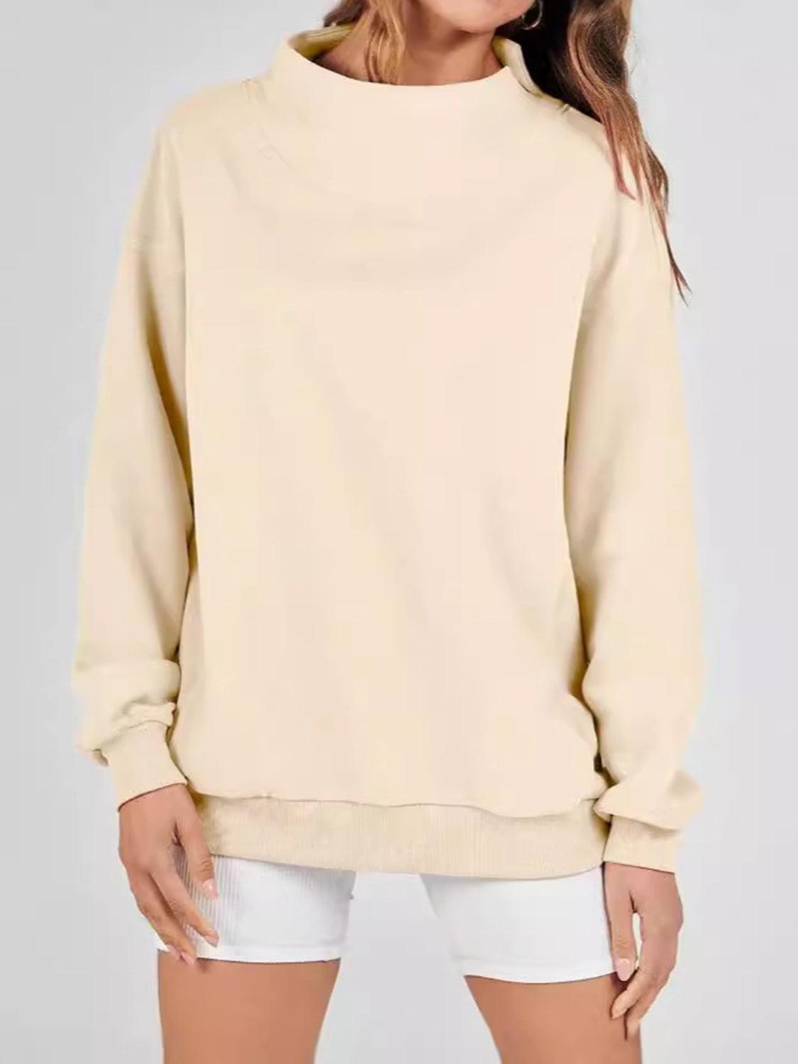 Mock Neck Drop Shoulder Long Sleeve Sweatshirt Tan