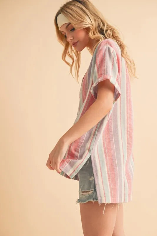 Aemi+Co Side Slit Striped Short Sleeve Blouse