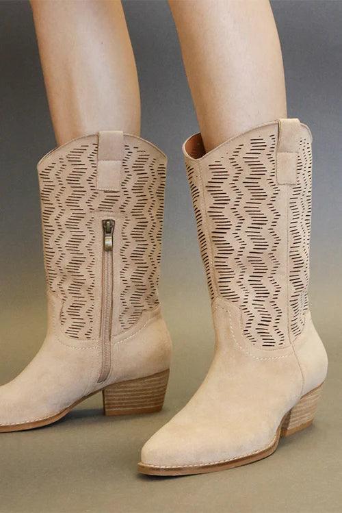 Beast Fashion Faux Suede Laser Cut Detail Block Heel Boots Tan