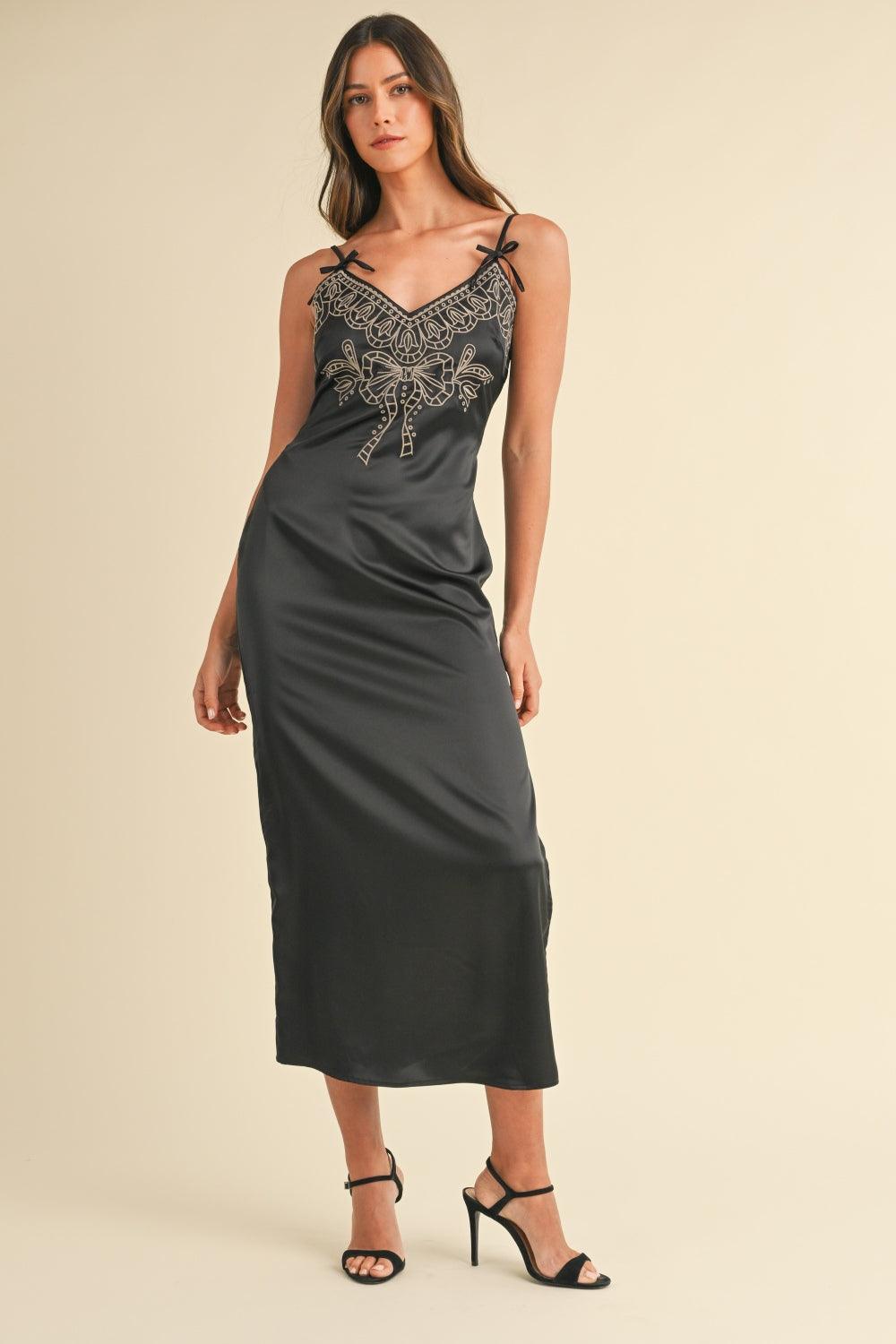 Mable Embroidered Cami Satin Midi Slit Dress Black
