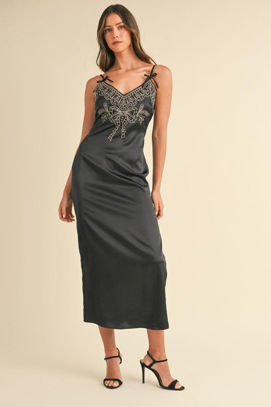 Mable Embroidered Cami Satin Midi Slit Dress Black
