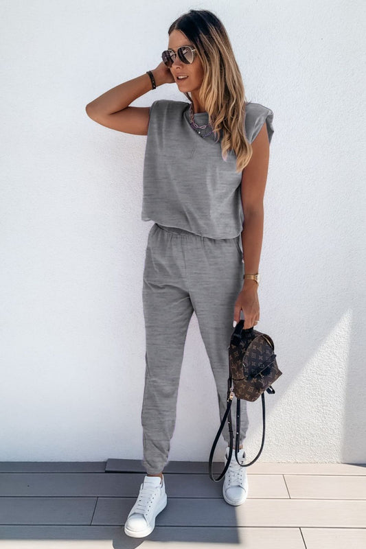 Padded Shoulder Top and Joggers Lounge Set Mid Gray