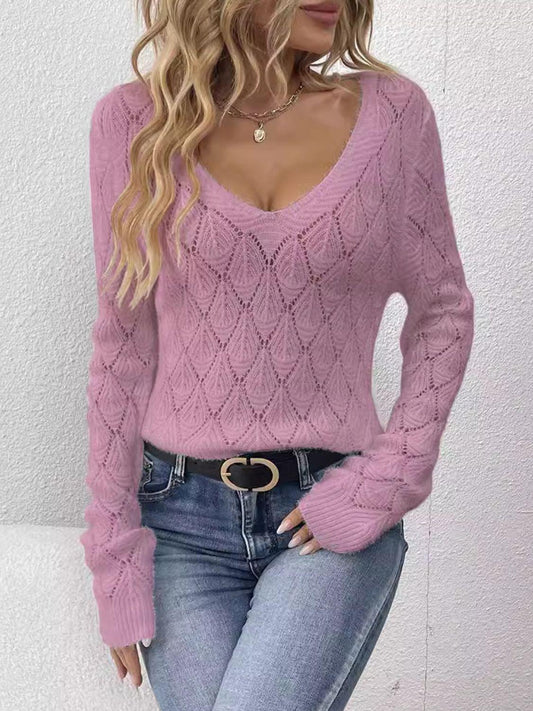 Openwork V-Neck Long Sleeve Sweater Pink Purple One Size