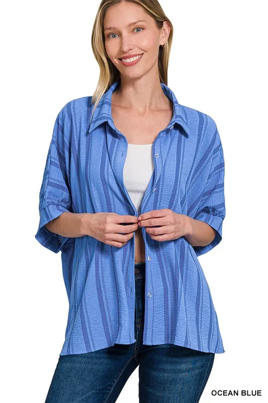 Zenana Woven Yarn-Dye Stripe Oversized Button Down Shirt OCEAN BLUE