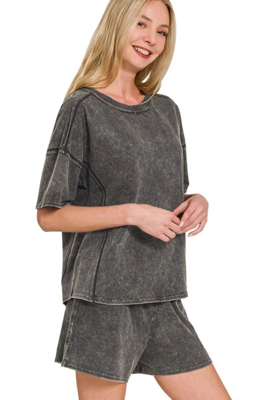 Zenana Acid Washed Short Sleeve Tee & Shorts Set ASH BLACK