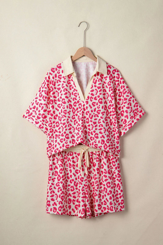 Leopard Collared V-Neck Top & Shorts Set