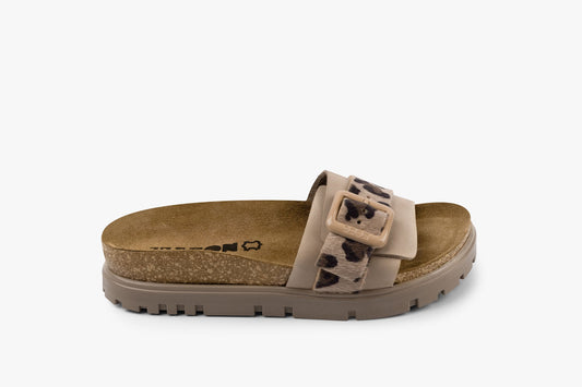 Tessa by LEON- Women’s Leather Sandal – Layered Strap Slide with Cork-style Footbed & Adjustable Buckle