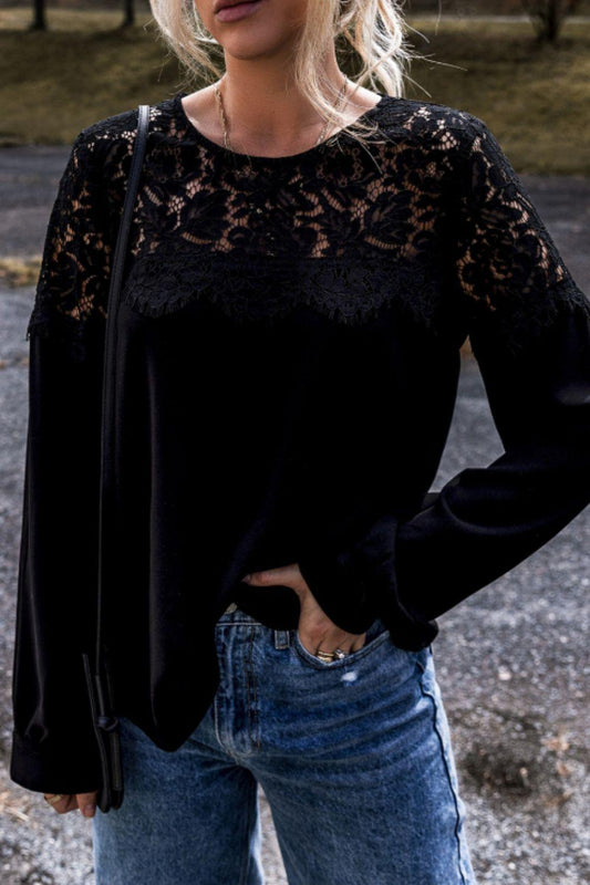 Lace Detail Round Neck Long Sleeve Blouse Black